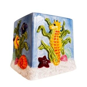 Vintage 3D Ceramic Seaside Cube Tissue Box Cover Seahorse Shells Tropical Fish
